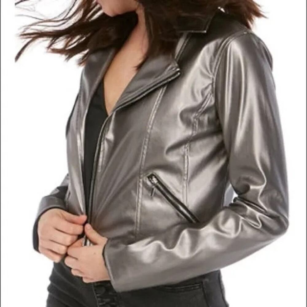 Rampage Metallic Silver Moto Faux Leather Jacket Women’s XL NEW